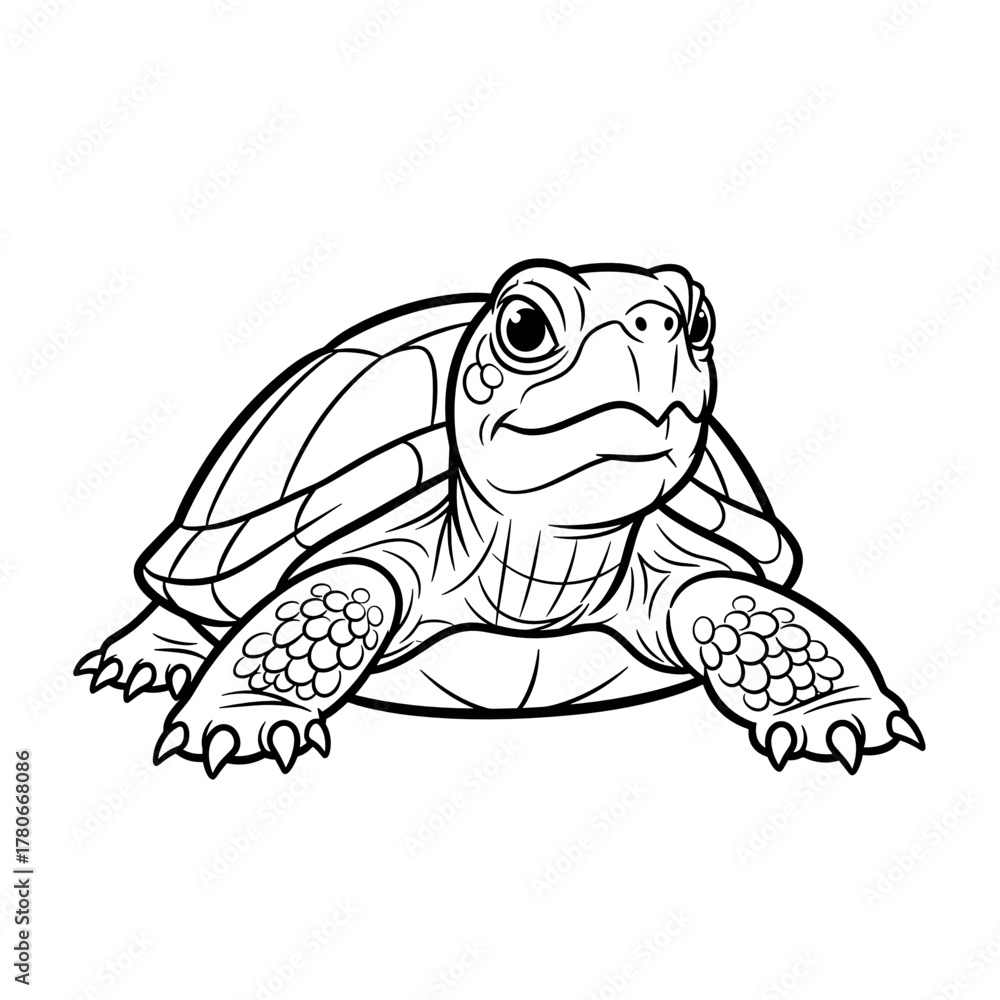 Fototapeta premium Turtle illustration in black line art style on white background 