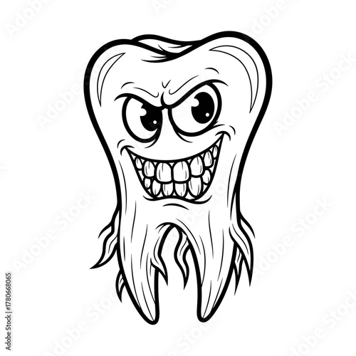 Angry cartoon tooth character with a mischievous grin  