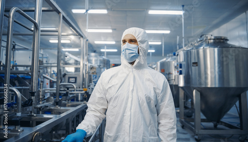 A worker in a clean suit and mask stands in a modern, stainless steel industrial facility.
