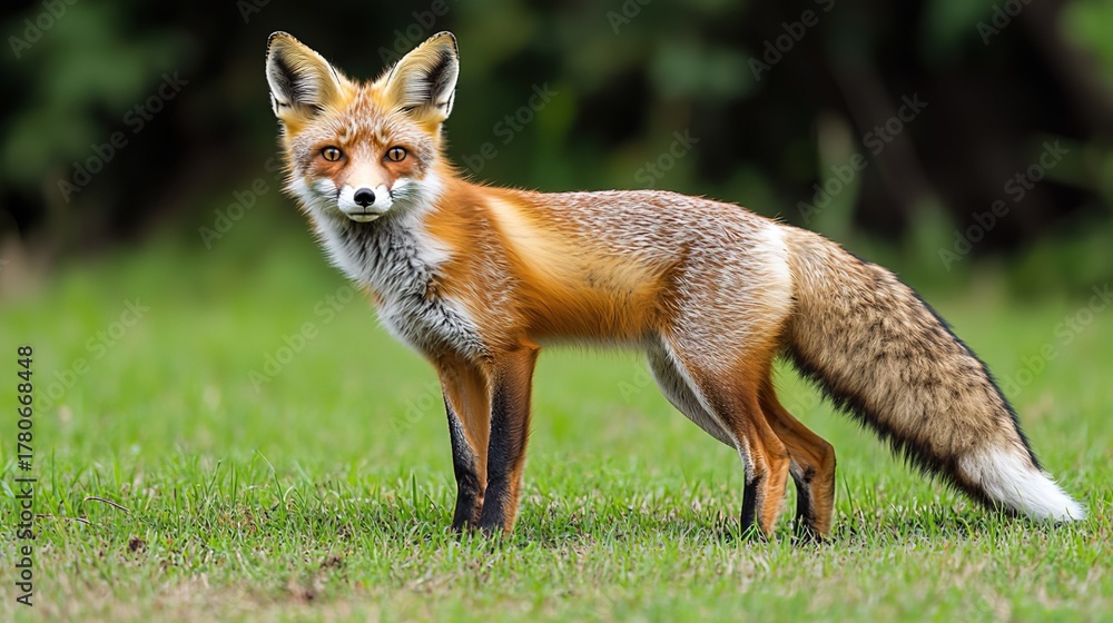 Obraz premium Red Fox Standing Alert in a Sunlit Grassland