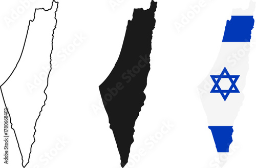 Israel map icon set. Israel map signs - outline, solid and Israeli national flag. Vector.