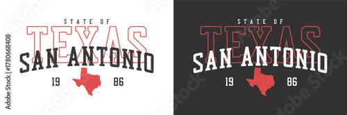 Texas, San Antonio t-shirt design. College style tee shirt design with map of Texas state. Original sportswear print with grunge. Vector.