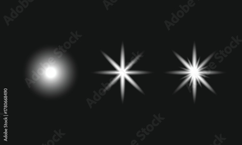 This image features a collection of light effects, including a soft glow and two starbursts, all set against a dark background, creating a striking visual contrast