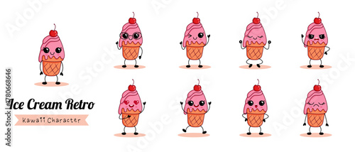 Cute ice cream kawaii character set with cherry on top