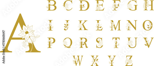 Gold Elegant Floral Alphabet  with Flower and Leaves For invitation, wedding, poster and greeting 