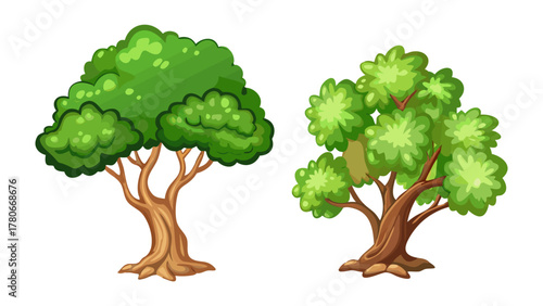 Vibrant Trees: Two thriving trees, showcasing lush green foliage and sturdy brown trunks, stand side-by-side. Capturing the essence of life and tranquility