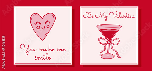 Minimal pink Valentine card set with love and drink illustration