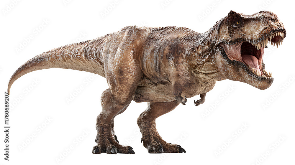 Fototapeta premium Tyrannosaurus Rex dinosaur standing roaring, detailed skin and teeth, isolated on white background
