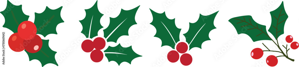Obraz premium Holly berry icons set, Chritmas logo wirh holly berries.Christmas holly berry flat vector illustration icons set ,Cartoon holly leaves and berries.A simple illustration of holly leaves and berries
