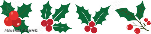 Holly berry icons set, Chritmas logo wirh holly berries.Christmas holly berry flat vector illustration icons set ,Cartoon holly leaves and berries.A simple illustration of holly leaves and berries