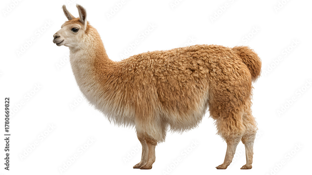 Fototapeta premium llama standing in side profile, soft brown woolly coat, domesticated Andean mammal, isolated on white background