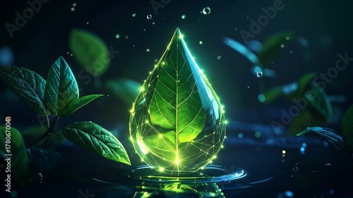 Abstract Glowing Waterdrop with Leaf, Ecology and Environment Protection Concept