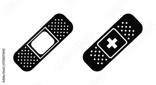 Simple black and white illustration of two adhesive bandages displayed