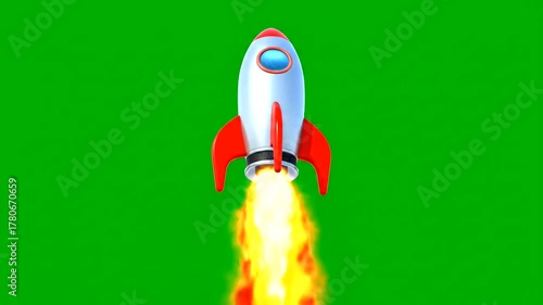A cartoon rocket with red fins and a white body launching upwards with orange and yellow flames against a green screen background.