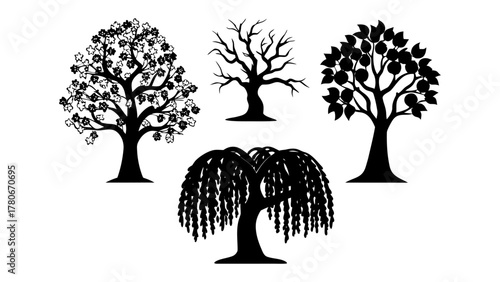 Silhouette Tree Collection: A set of four elegant silhouettes, each representing a unique tree species, presenting a graphic contrast of shapes and textures.