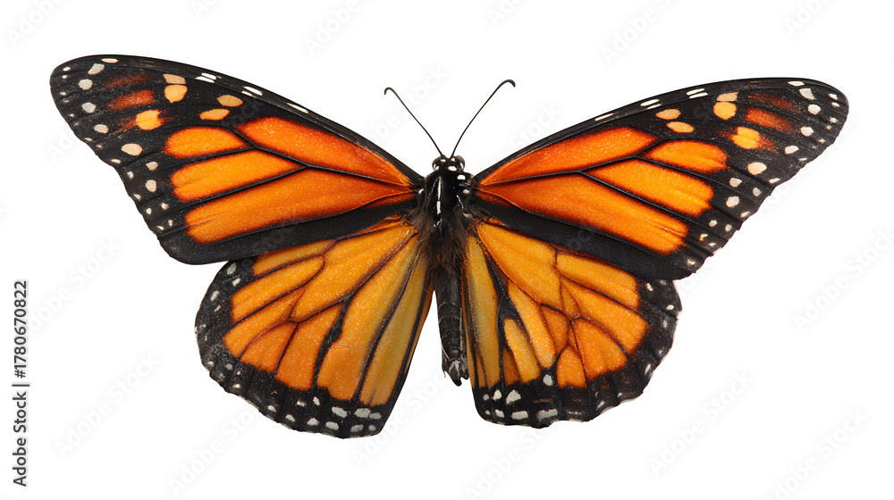 Fototapeta premium monarch butterfly resting with open wings, orange and black pattern, natural detail, isolated on white background