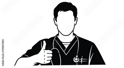 A black and white illustration of a doctor giving a thumbs up