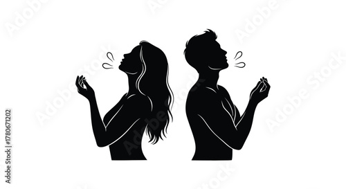 Silhouette of a couple with heads tilted back appearing to exhale
