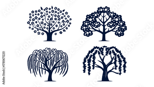 Four Distinct Tree Silhouettes: Four unique tree silhouettes, each showcasing a different arboreal form, a graphic illustration ideal for symbolizing natural diversity or environmental themes.