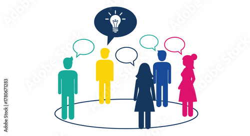 Diverse group discussing ideas symbolized by a glowing lightbulb above