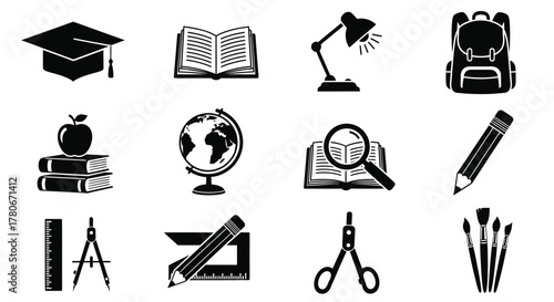 Education icons depicting learning tools school supplies and academic achievement