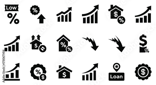 Financial indicators with housing market trends and economic growth symbols