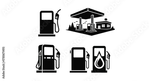 Black and white illustrations of various gas pump and station designs