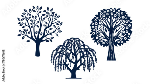 Iconic Trio of Trees: A set of stylized tree icons presents a study in natural forms, depicting diverse foliage and branch structures, each symbolizing different aspects of nature. 