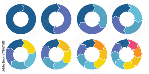 Step-by-step circular diagrams for business growth and process development, use these colorful charts for presentations, marketing, and illustrating progression