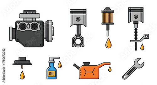 Engine components and tools a colorful illustration of automotive parts