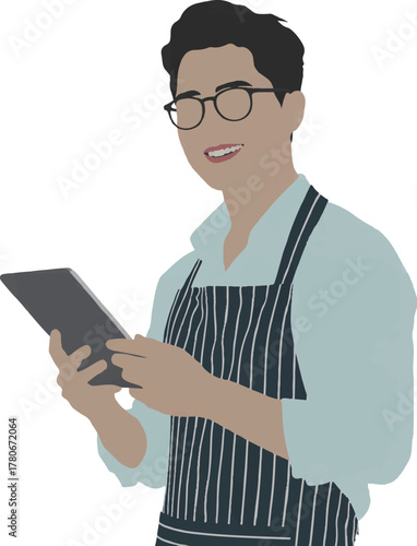 Close up asian man use digital tablet to receive order from customer and smile isolated on transparent background for png design.