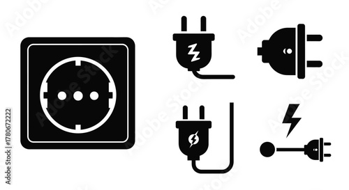 Electrical outlets and plugs illustration in simple black and white design