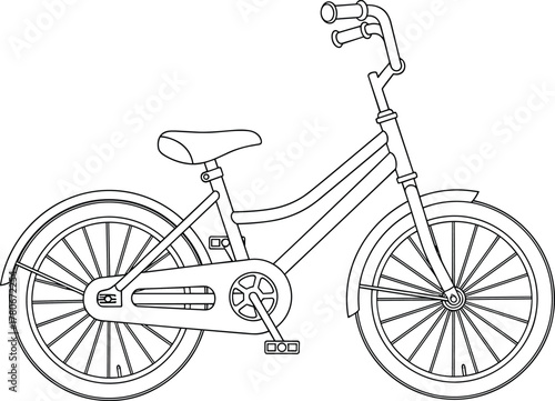 CAD Drawing Flat Vector Illustration of Standard Bicycle with Spoked Wheels, Chain Guard, Handlebars, Pedals, and Frame for Casual Riding