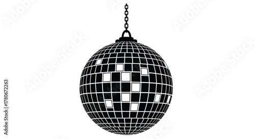 A classic black and white disco ball hanging from a silver chain