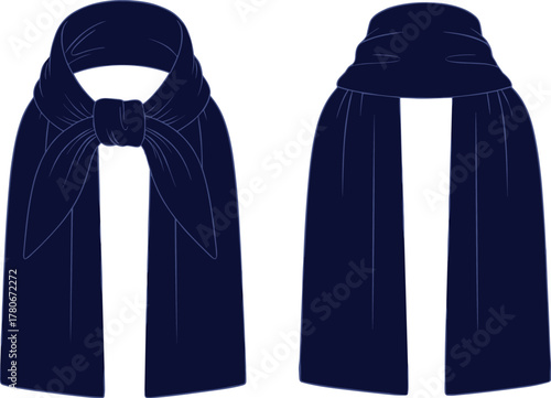 Scarf illustration, bow knot, loose drape, fashion accessory, neckwear style, elegant wrap, winter fashion, garment detail, textile sketch, stylish design