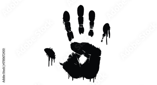 A dark dripping handprint on a white background suggesting mystery