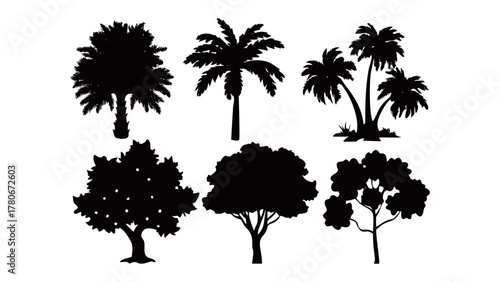 Diverse Silhouettes of Nature's Sentinels: A collection of tree silhouettes showcasing the diverse forms and elegance of the natural world, representing various species and textures.
