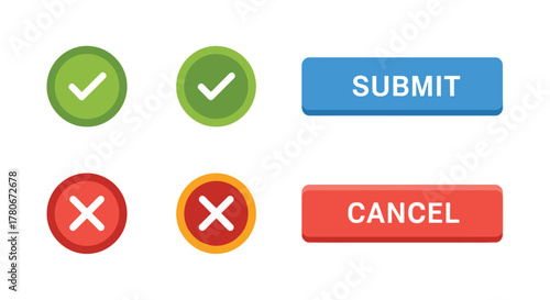 Set of colorful buttons displaying acceptance rejection and action options