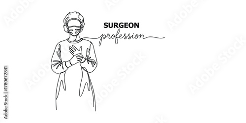 Minimal one-line drawing of a surgeon in surgical gown and mask, ready for operation. Symbol of precision, skill, and dedication in medical profession. Perfect for healthcare design, hospital posters