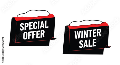 Two black banners with white text announcing special offers and winter sales