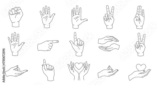 Line art illustrations of various hand gestures and sign language symbols