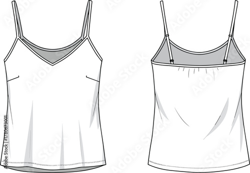 Camisole fashion sketch, technical garment drawing, front and back view, adjustable straps, bust darts, fitted silhouette, apparel template, vector illustration