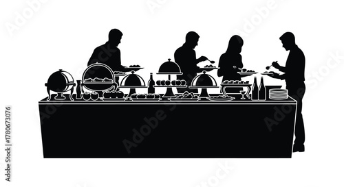 People serving and enjoying food at a buffet table arrangement