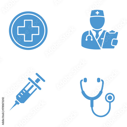 Minimalist blue medical icons set for healthcare: cross, doctor, syringe, stethoscope — ideal for medicine, health and digital design content.