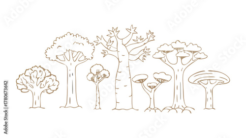 Diverse Tree Silhouette Collection: Showcasing a variety of stylized trees, this line art piece captures the essence of nature's beauty and diversity, creating a minimalist yet impactful design.
