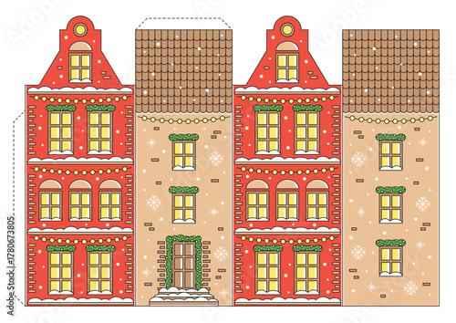 Cut and glue paper Christmas house. Education game for kids, papercraft, preschool worksheet activity. Vector illustration for Christmas decor. 