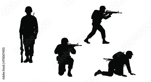 Silhouettes of armed soldiers in various combat poses against a white background