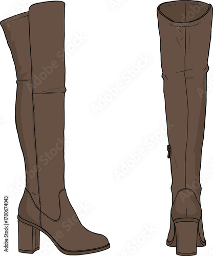 Brown over-the-knee boots, high heel footwear, fashion illustration, side and rear view, stylish winter shoes, zipper detail, sleek design