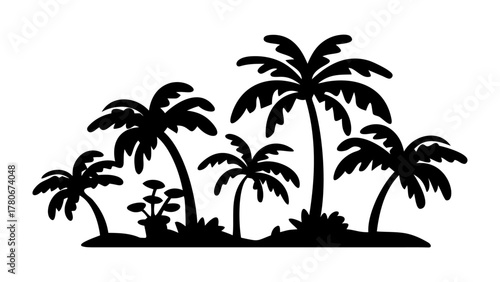 Tropical Palm Silhouette: A serene scene unfolds as a collection of silhouetted palm trees bask in the warm embrace of the sun's gentle glow.  Embodying tropical serenity and the warmth of the island.