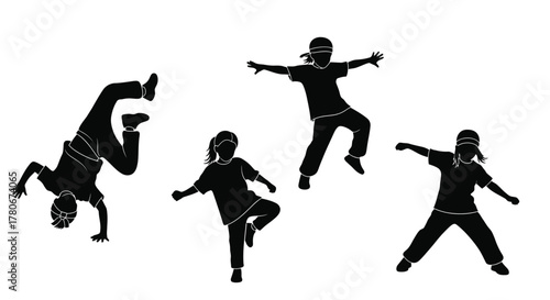 Silhouettes of children actively engaged in various dynamic dance poses